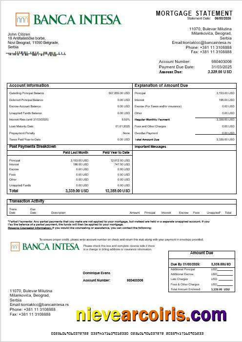 Serbia Banca Intesa mortgage statement